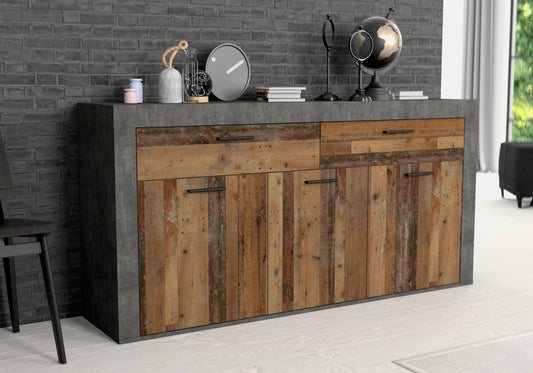 Comoda Garage, Spatiu Generos de Depozitare cu 3 Usi si 2 Sertare, Gri Inchis Beton Si Lemn Vintage, 175.7 x 41 x 88.3 Cm