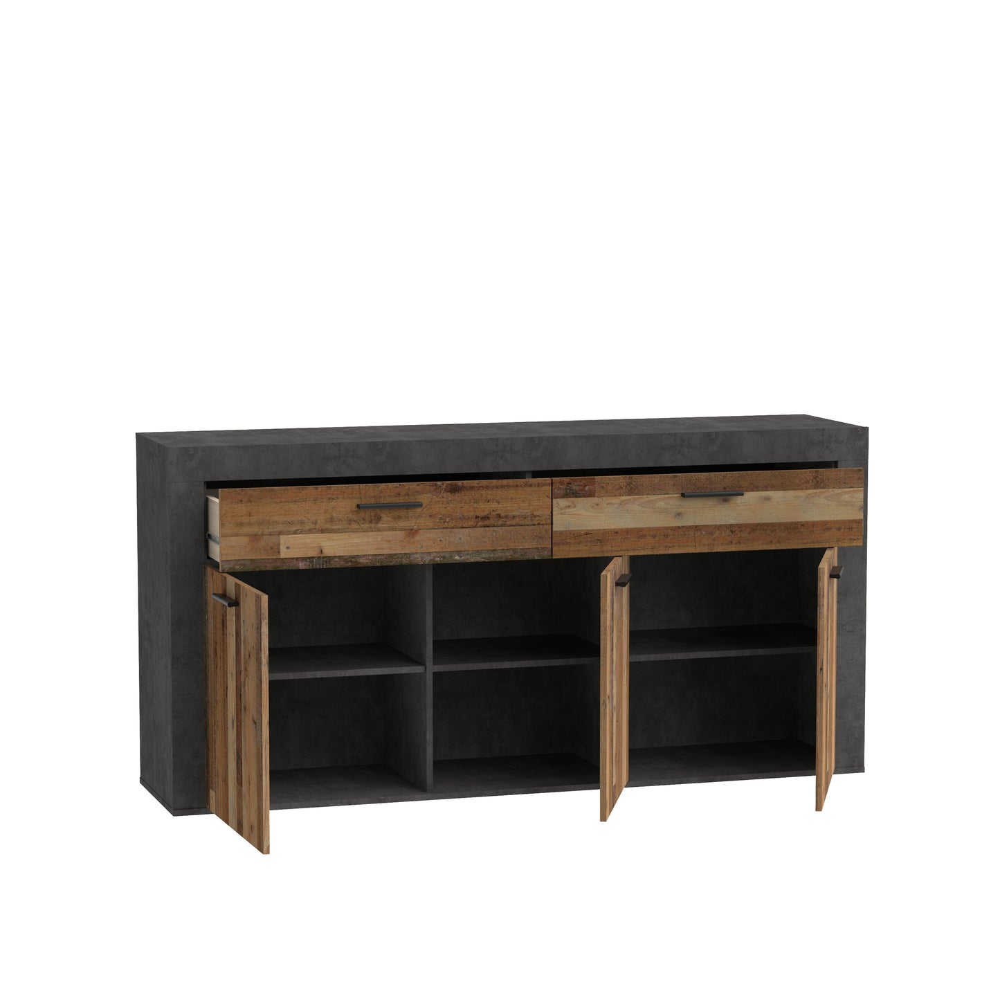 Comoda Garage, Spatiu Generos de Depozitare cu 3 Usi si 2 Sertare, Gri Inchis Beton Si Lemn Vintage, 175.7 x 41 x 88.3 Cm