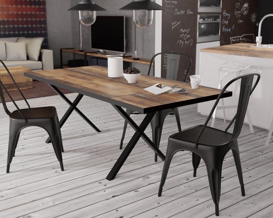 Masa Fixa Cu Sistem De Extensie Garage Negru Mat Si Lemn Vintage, 160/200 x 75.8 x 90 Cm