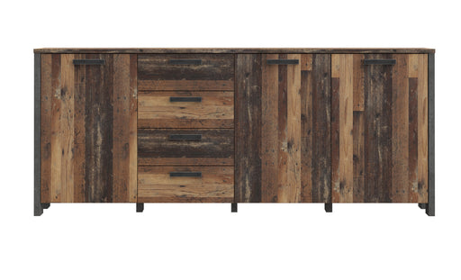Bufet cu 3 usi si 4 sertare Clif, Lemn Vintage si Beton Optic Gri Inchis, 206.1 x 86,3 x 41,6 Cm