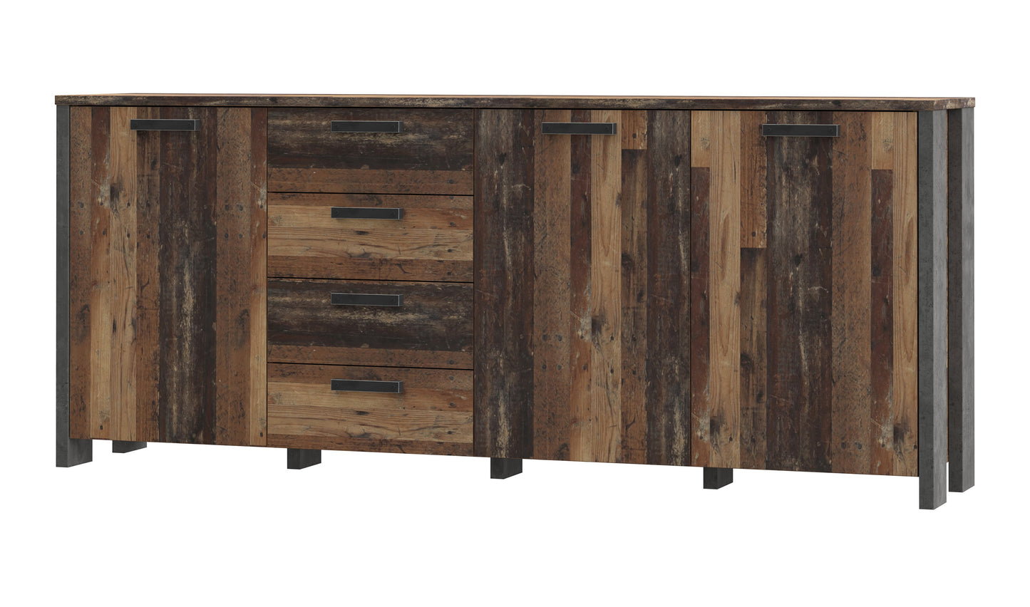 Bufet cu 3 usi si 4 sertare Clif, Lemn Vintage si Beton Optic Gri Inchis, 206.1 x 86,3 x 41,6 Cm