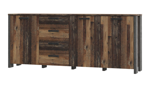 Bufet cu 3 usi si 4 sertare Clif, Lemn Vintage si Beton Optic Gri Inchis, 206.1 x 86,3 x 41,6 Cm