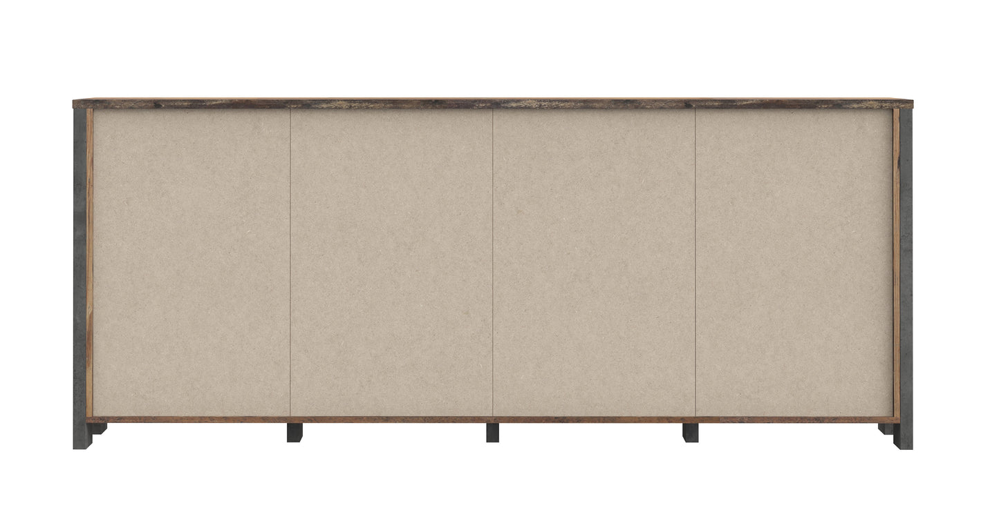Bufet cu 3 usi si 4 sertare Clif, Lemn Vintage si Beton Optic Gri Inchis, 206.1 x 86,3 x 41,6 Cm
