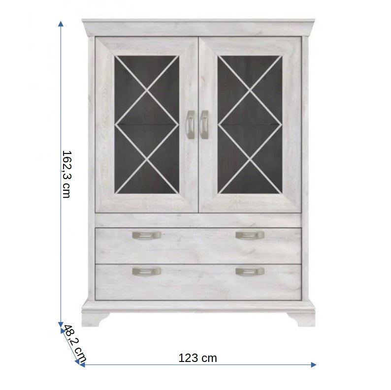 Vitrina Cu 2 Usi Si 2 Sertare Kashmir, Alb Antichizat, 123 Cm
