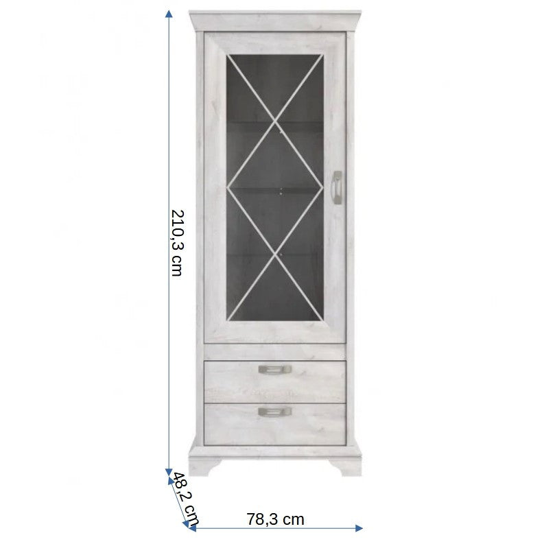 Vitrina Cu 1 Usa Si 2 Sertare Kashmir, Alb Antichizat, 78.5 Cm