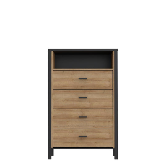 Comoda 4 Sertare High Rock, Negru Si Stejar Riviera, 69.8 Cm