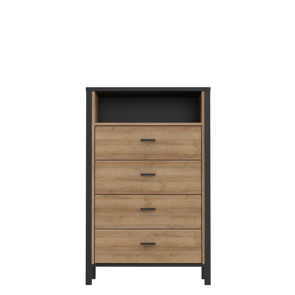 Comoda 4 Sertare High Rock, Negru Si Stejar Riviera, 69.8 Cm