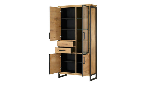 Vitrina Cu 3 Usi Si 2 Sertare Reno, Smoked Oak, Furnir Din Lemn Masiv, 100 Cm
