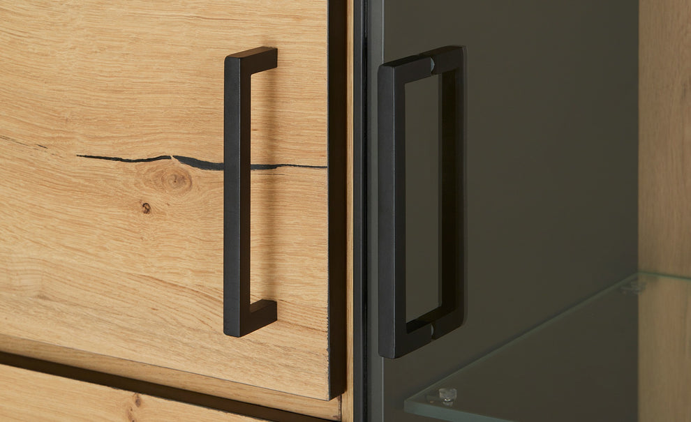 Vitrina Cu 3 Usi Si 2 Sertare Reno, Smoked Oak, Furnir Din Lemn Masiv, 100 Cm