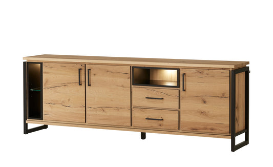 Bufet Reno 235.1x45x82 cm, Furnir Lemn Stejar Afumat si Negru, Mobila Sufragerie, 3 Usi 2 Sertare, Inchidere Silentioasa