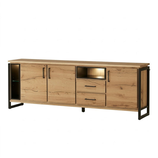 Bufet Reno 235.1x45x82 cm, Furnir Lemn Stejar Afumat si Negru, Mobila Sufragerie, 3 Usi 2 Sertare, Inchidere Silentioasa