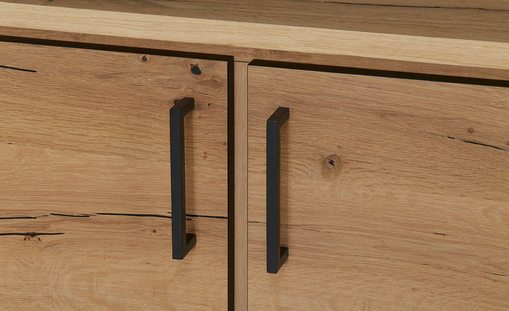 Bufet Reno 235.1x45x82 cm, Furnir Lemn Stejar Afumat si Negru, Mobila Sufragerie, 3 Usi 2 Sertare, Inchidere Silentioasa