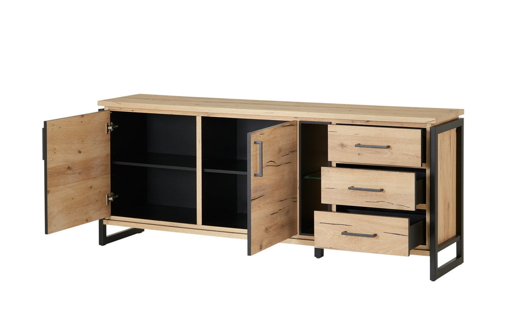 Bufet Cu 2 Usi Si 3 Sertare Reno Smoked Oak, Furnir Din Lemn Masiv, 200 Cm