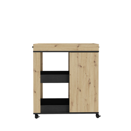 Comoda Home Bar Pe Role C773, Stejar Artisan Si Stejar Negru, 77.4 Cm