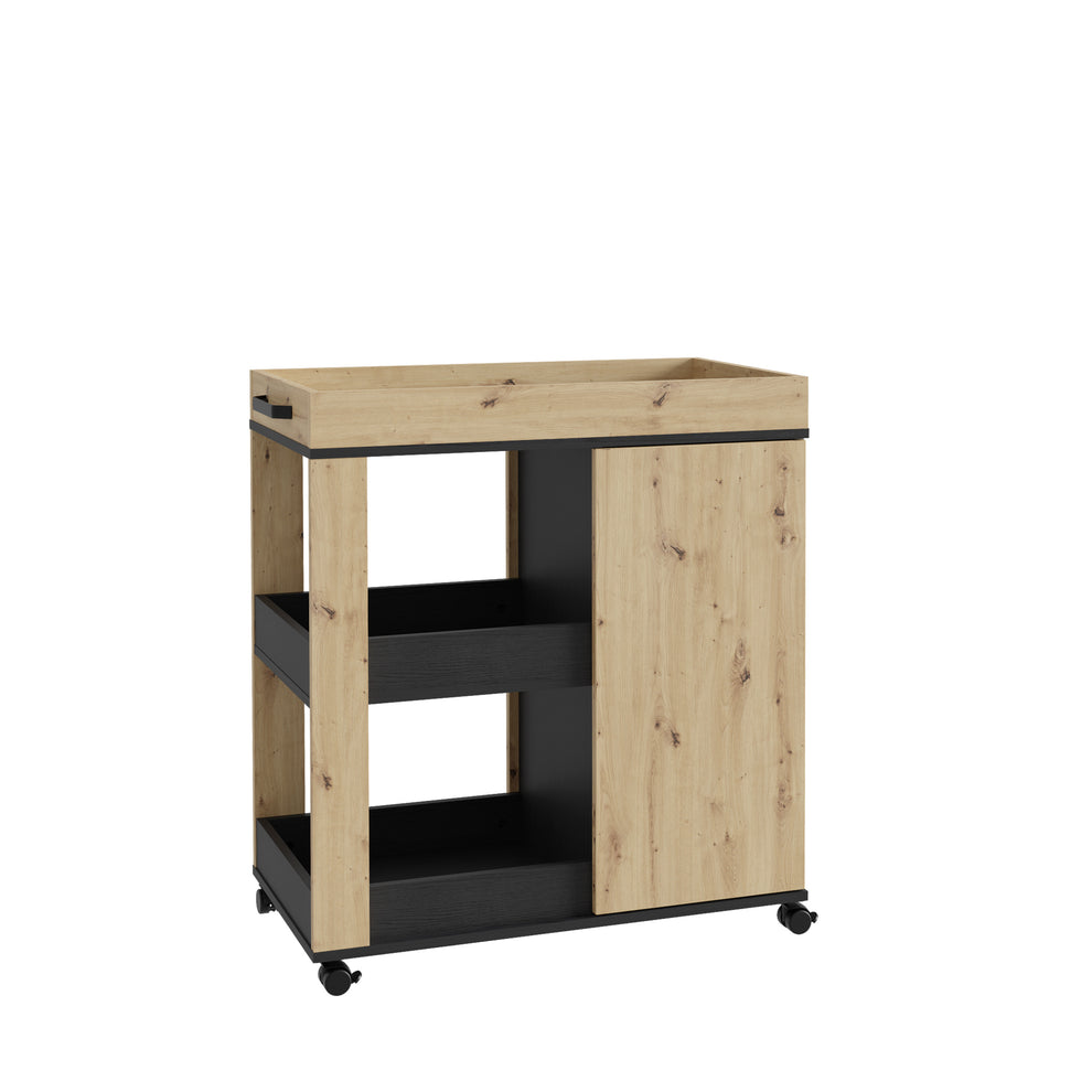 Comoda Home Bar Pe Role C773, Stejar Artisan Si Stejar Negru, 77.4 Cm