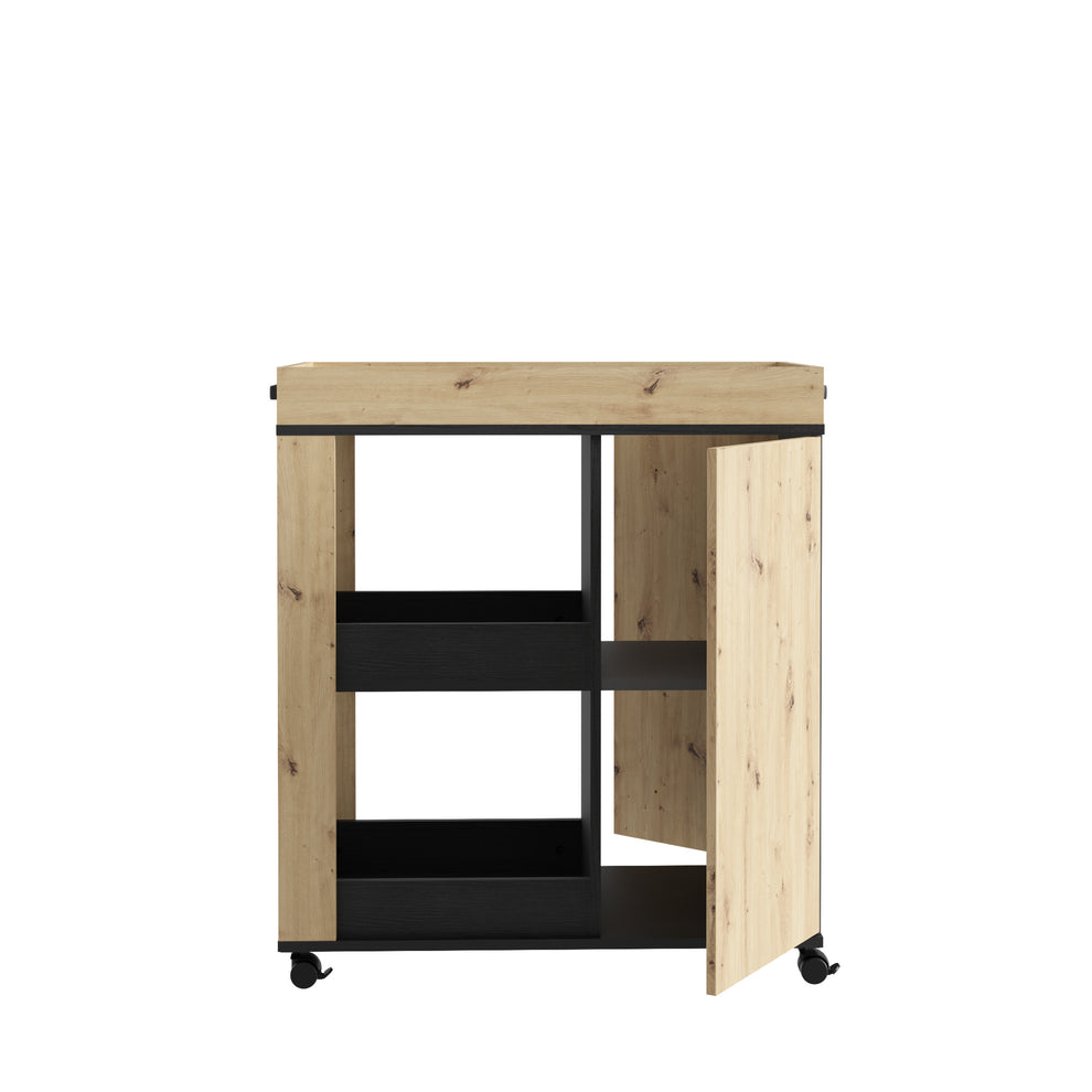 Comoda Home Bar Pe Role C773, Stejar Artisan Si Stejar Negru, 77.4 Cm