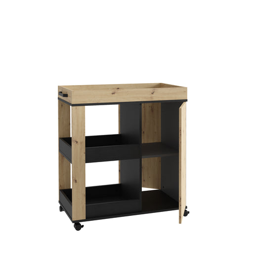 Comoda Home Bar Pe Role C773, Stejar Artisan Si Stejar Negru, 77.4 Cm