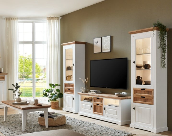 Vitrina Tivoli Stanga Cu 2 Usi Si 2 Sertare Alb Si Natur, 67.5 Cm