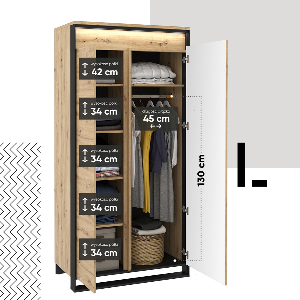 Dulap Vant Cu Led Cu 2 Usi, Stejar Artizan Si Negru, 95 Cm
