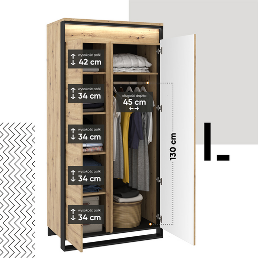 Dulap Vant Cu Led Cu 2 Usi, Stejar Artizan Si Negru, 95 Cm