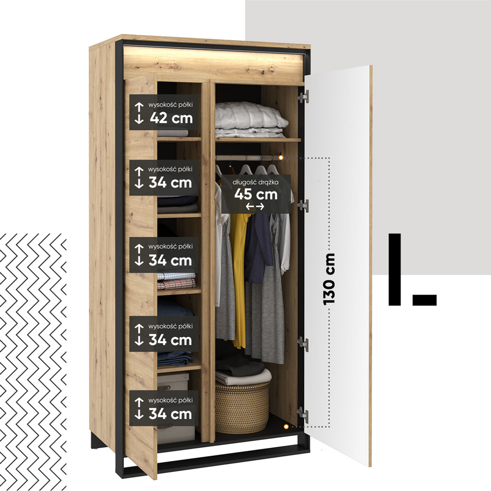 Dulap Vant Cu Led Cu 2 Usi, Stejar Artizan Si Negru, 95 Cm