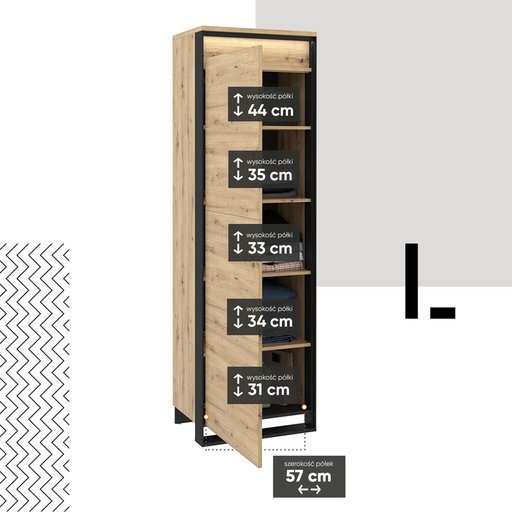 Dulap Vant Cu Led Cu 1 Usa, 5 Polite, Stejar Artizan Si Negru, 60 Cm