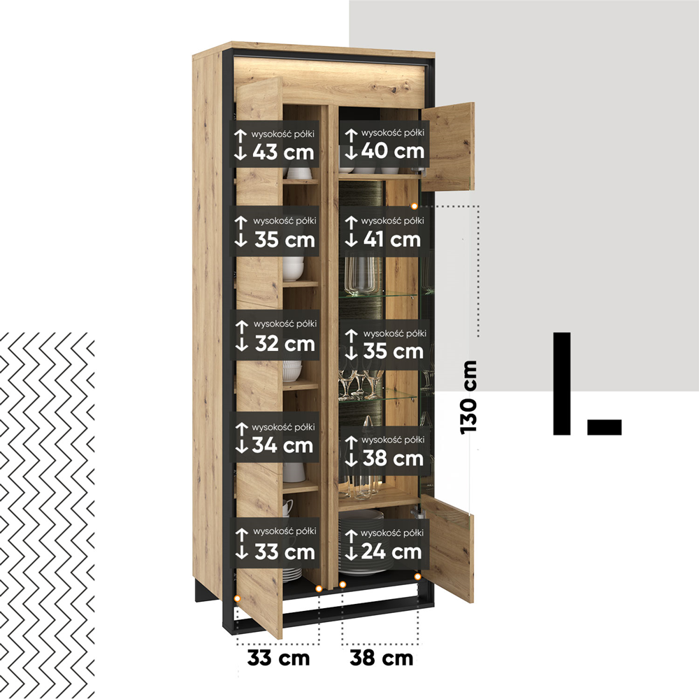 Vitrina Vant Cu Led Cu 2 Usi, Stejar Artizan Si Negru, 76 Cm