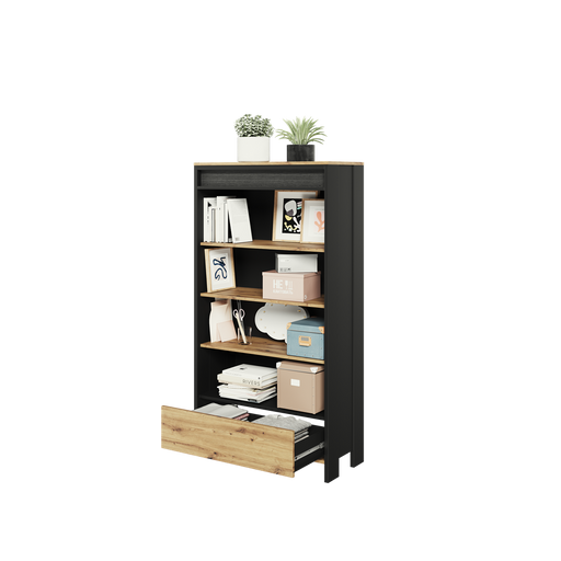 Biblioteca Dot Cu Led Cu 1 Sertar, Negru Si Stejar Artizanal, 72.1 Cm