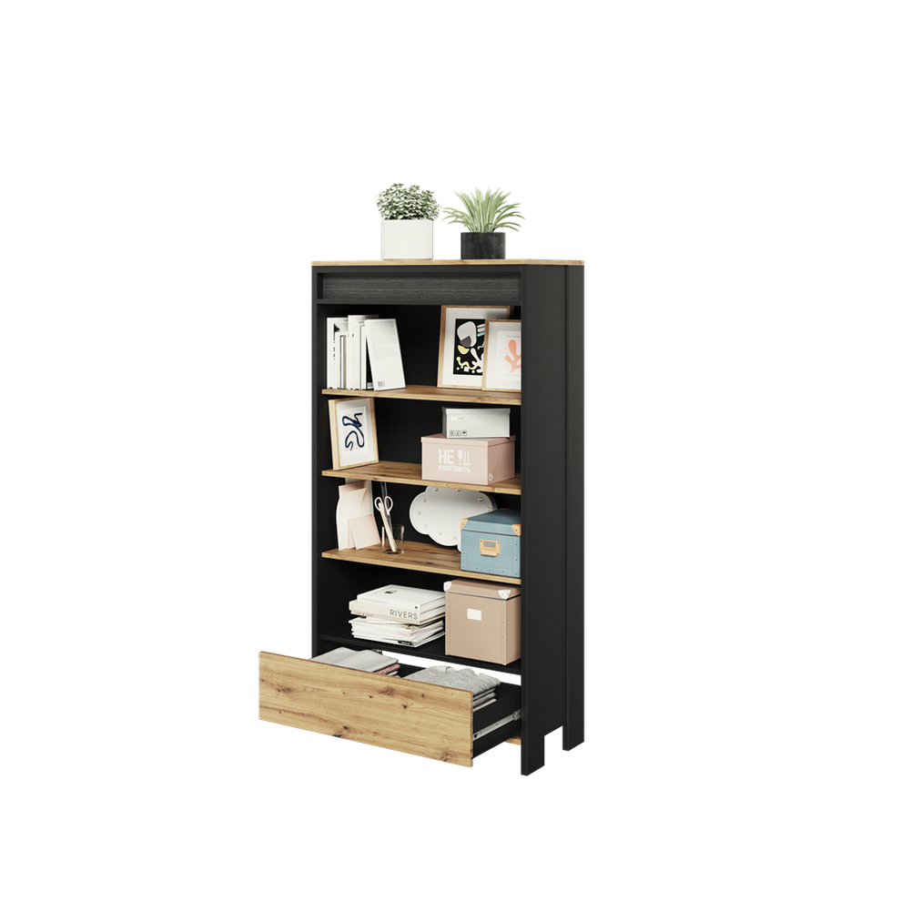 Biblioteca Dot Cu Led Cu 1 Sertar, Negru Si Stejar Artizanal, 72.1 Cm