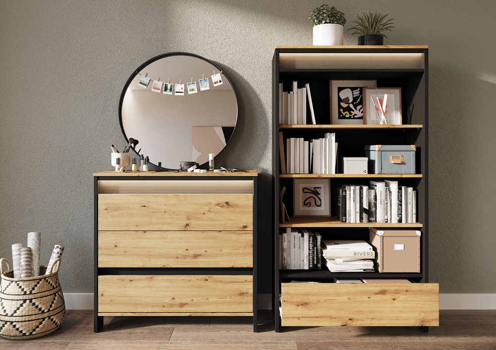 Biblioteca Dot Cu Led Cu 1 Sertar, Negru Si Stejar Artizanal, 72.1 Cm