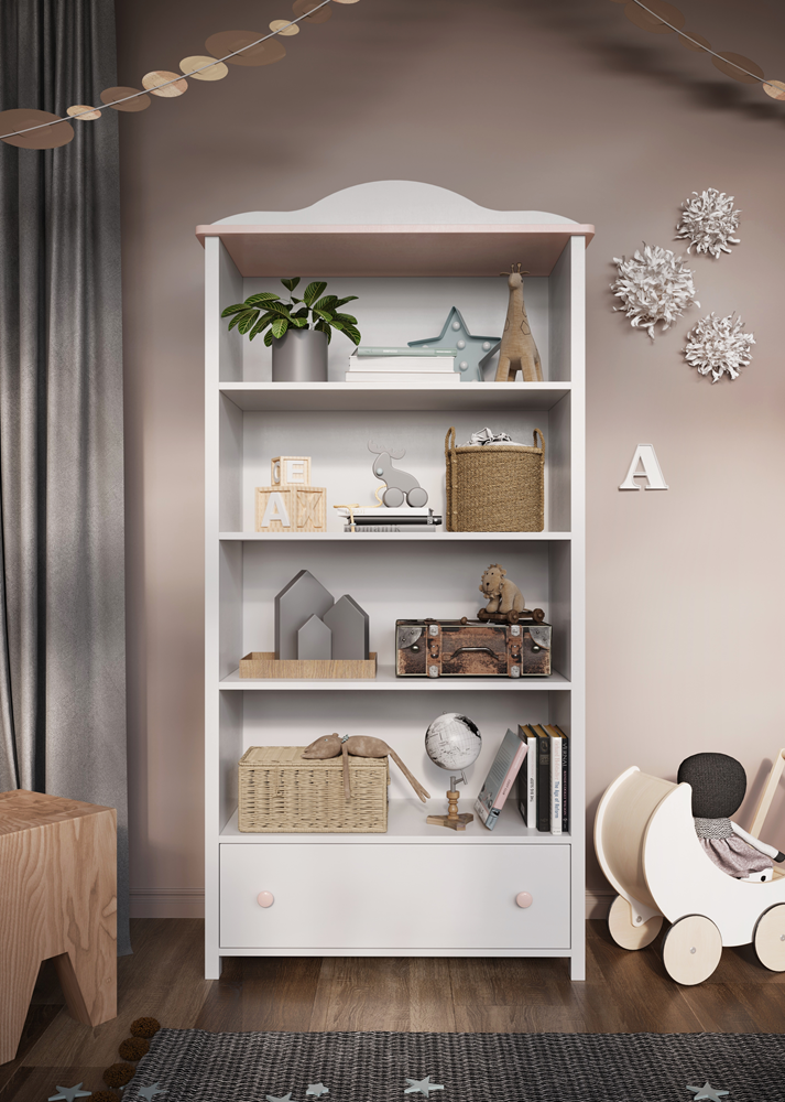 Biblioteca Lena Cu 1 Sertar, Alb Si Roz, 85 X 171 X 42 Cm