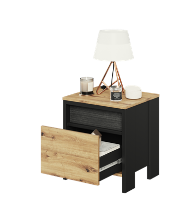 Noptiera Dot Cu Iluminare Negru Si Stejar Artizanal, 45.4 Cm