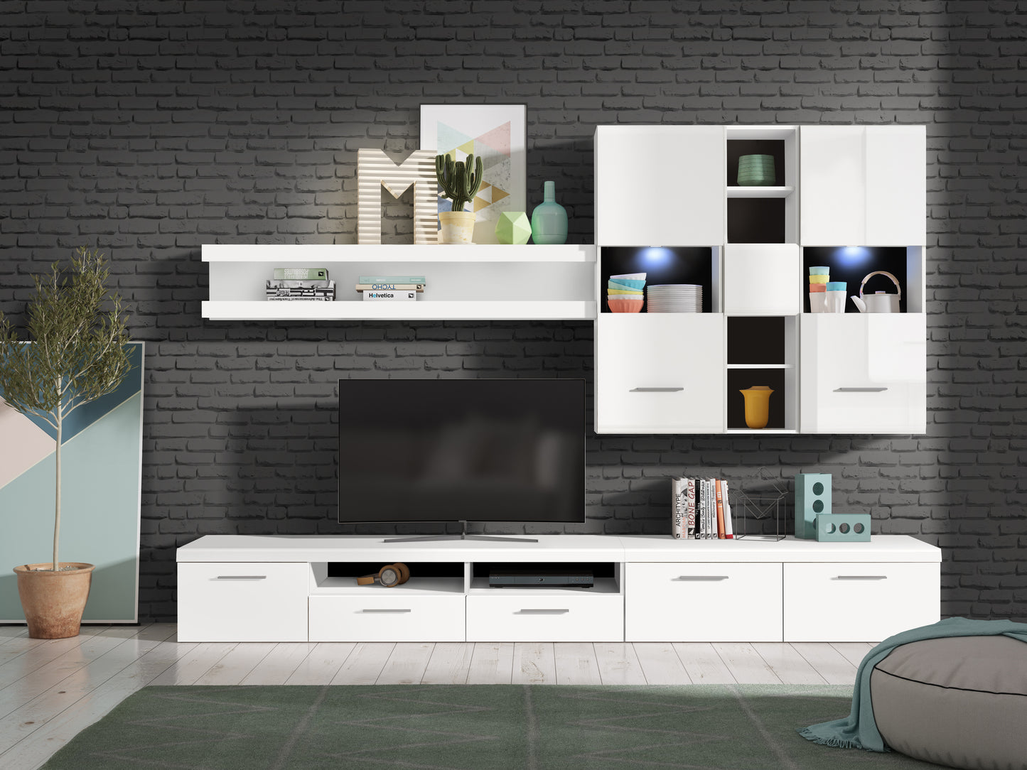 Set Living White Pearl, Alb, Negru Si Alb Lucios, 289.6 Cm