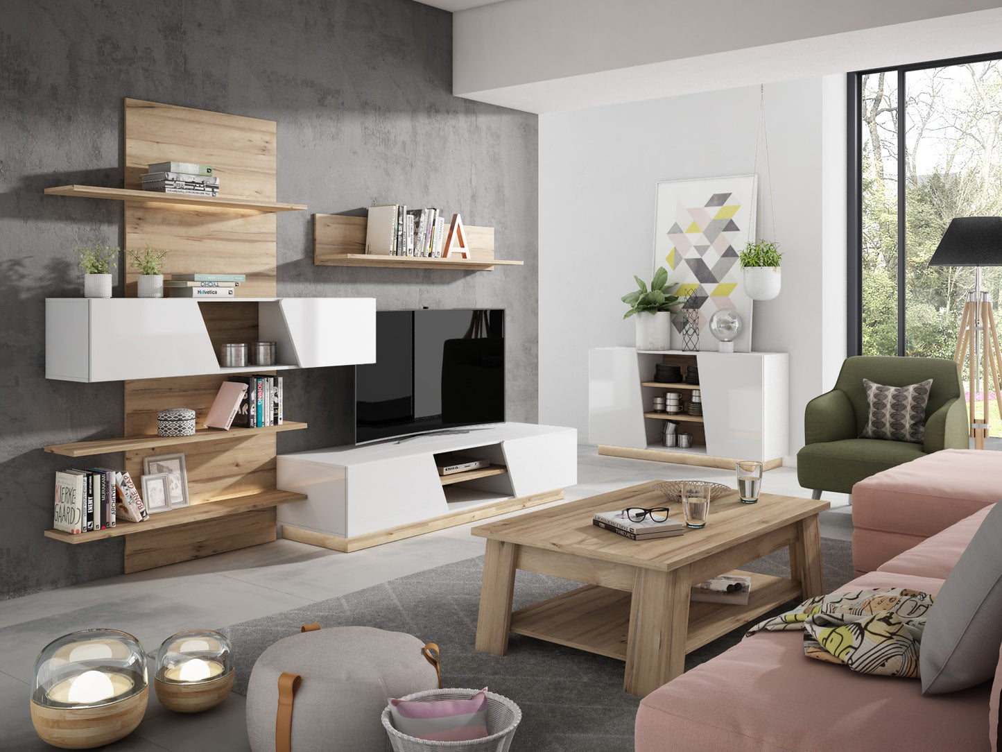 Set Living Hulon Stejar Pardosit Si Alb Lucios, 295.7 cm