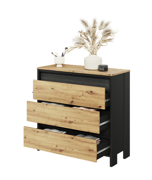 Comoda Dot Cu Iluminare Cu 3 Sertare, Negru Stejar Artizanal, 91.6 Cm