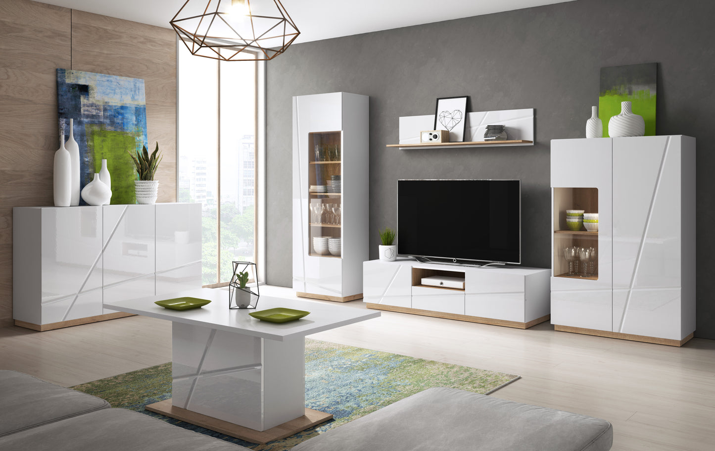 Comoda Tv Fuji Cu 2 Usi Si 1 Sertar, Alb, Riviera Oak Si Alb Lucios, 150 Cm