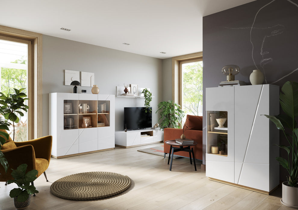 Comoda Tv Fuji Cu 2 Usi Si 1 Sertar, Alb, Riviera Oak Si Alb Lucios, 150 Cm
