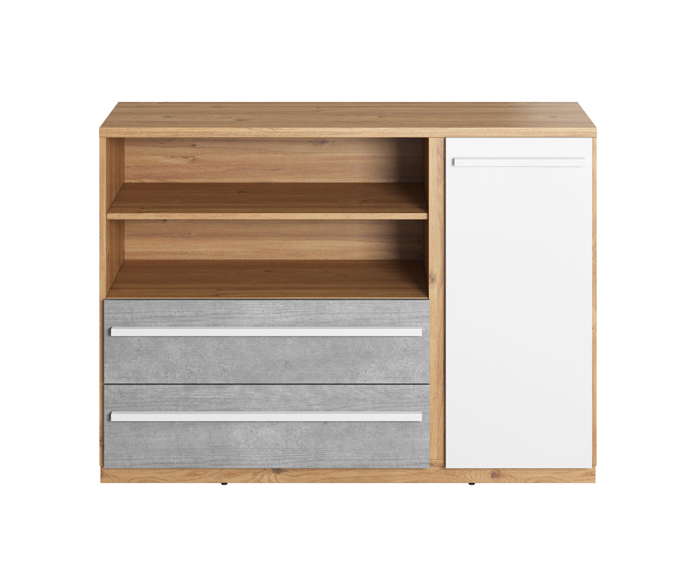 Comoda Piano Cu 1 Usa Si 2 Sertare, Stejar Nash, Alb Si Beton, 125 Cm
