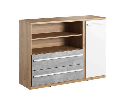 Comoda Piano Cu 1 Usa Si 2 Sertare, Stejar Nash, Alb Si Beton, 125 Cm