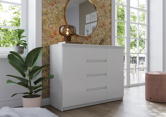 Comoda Thea, Alba, Cu 2 Usi Si 4 Sertare Spatioase, Eleganta si Functionala, 109 x 85 x 40 Cm
