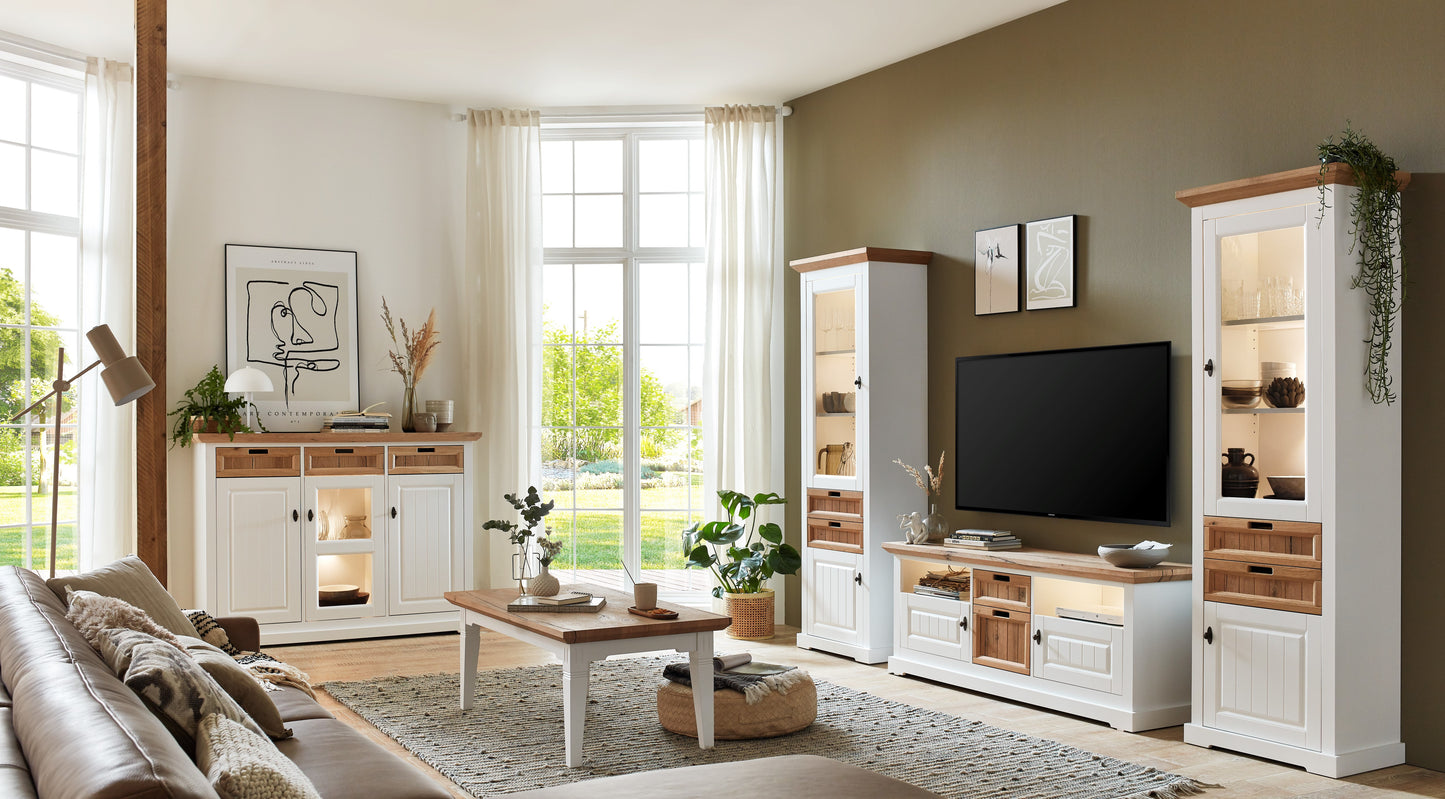 Comoda Bar Tivoli Cu 3 Usi Si 3 Sertare Alb Si Natur, 150 Cm