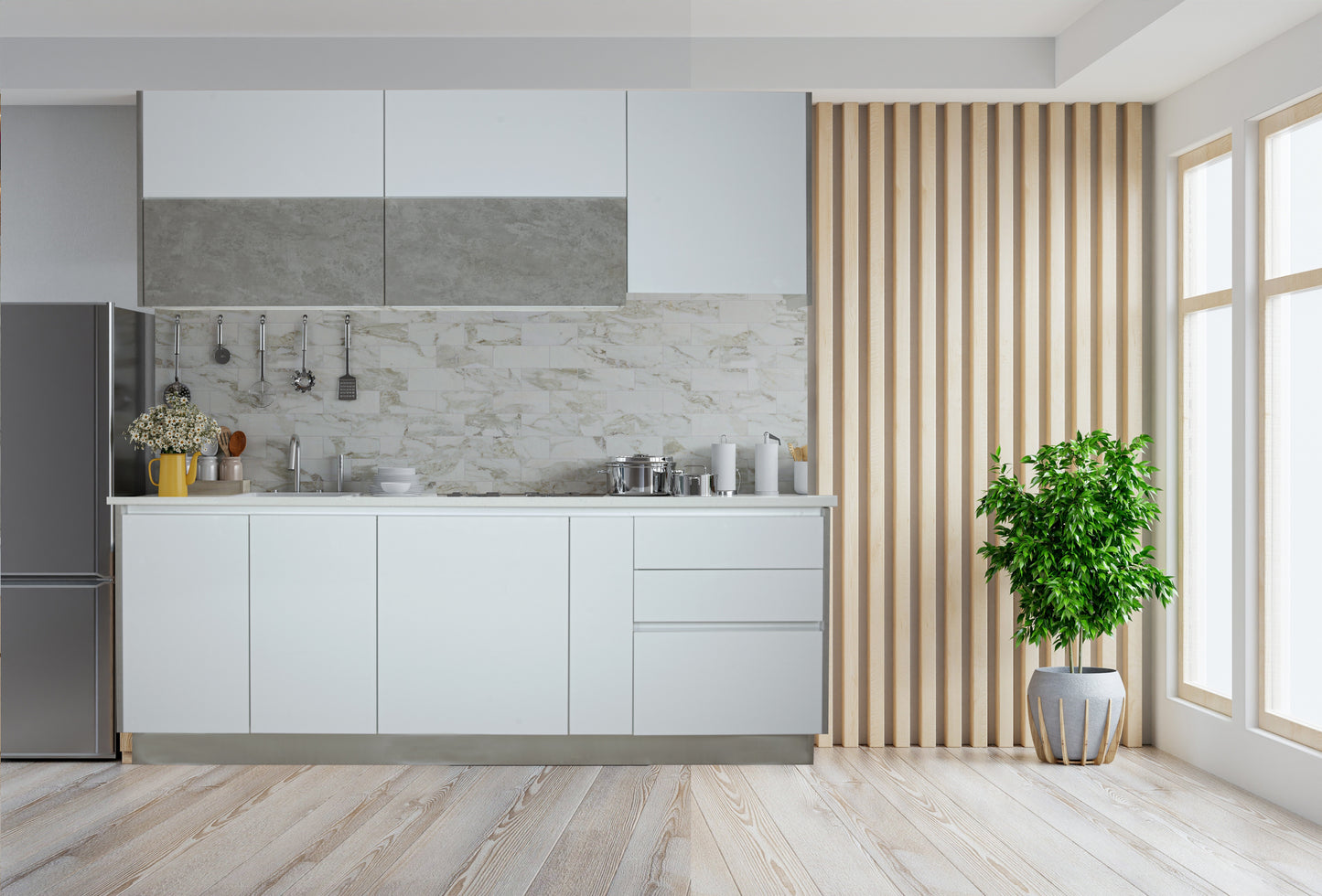 Bucatarie Moderna Alb Si Gri, Front Mdf, 222.7 X 223 X 60 Cm