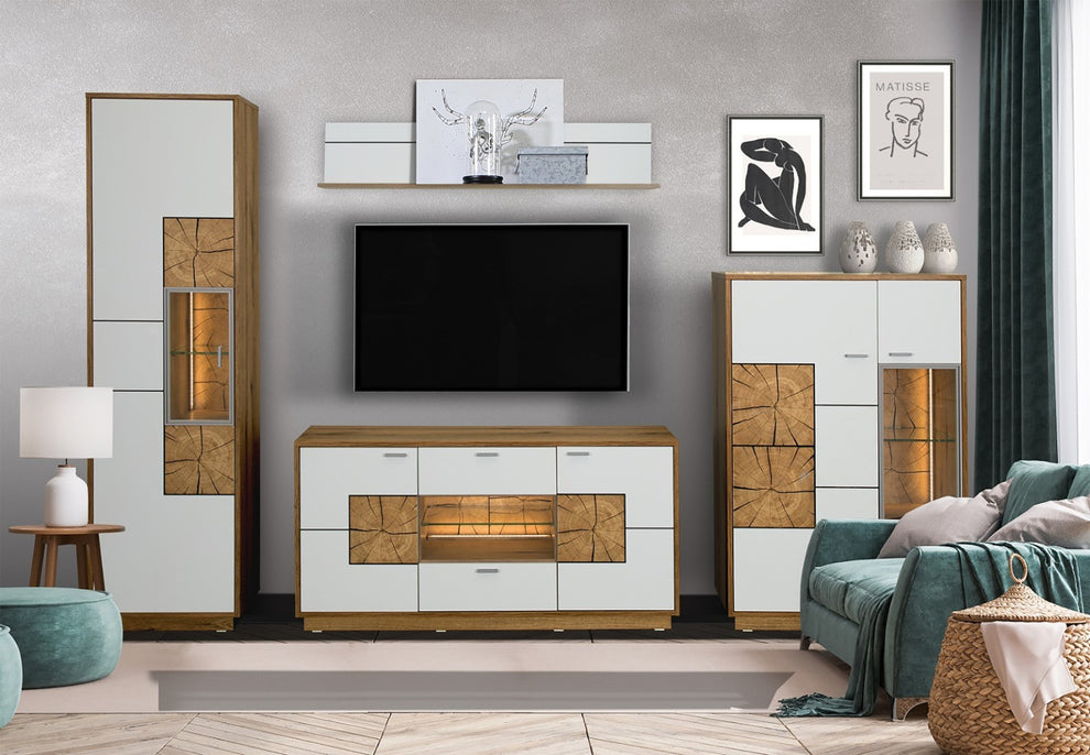 Comoda Tv Urbano White Cu 2 Usi, 2 Sertare Si 1 Nisa Alb Si Natur, 140 Cm