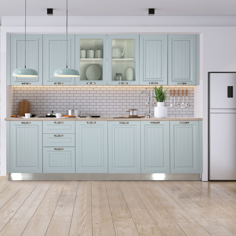 Bucatarie Malta Albastru Si Natur, Front Mdf Vopsit, 287 X 220 X 60 Cm
