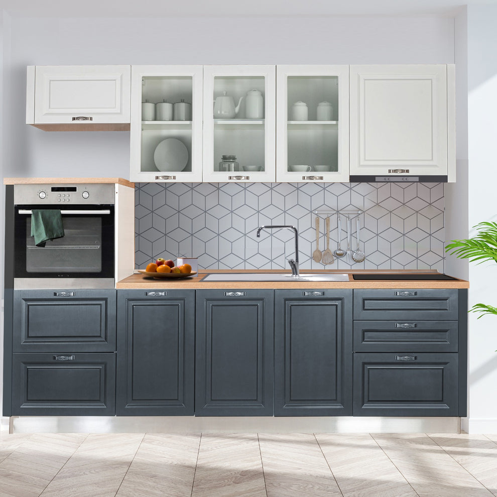 Bucatarie Leo, Alb Si Gri, Front Mdf Vopsit, 266.5 X 223 X 60 Cm