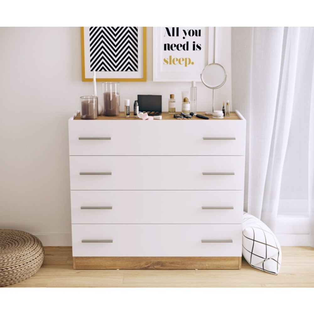 Comoda Tentro Cu 4 Sertare, Stejar Alb Si Stirling, 100 Cm