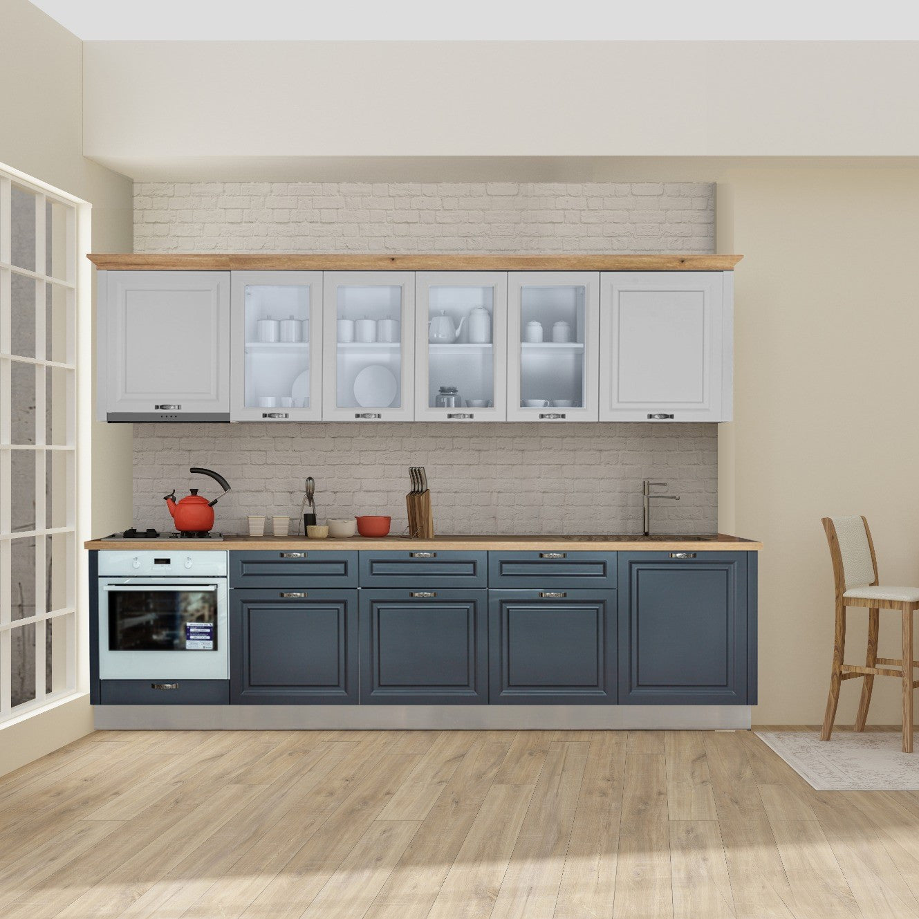 Bucatarie Libra, Alb Si Grafit, Front Mdf Vopsit, 307.6 X 223 X 60 Cm