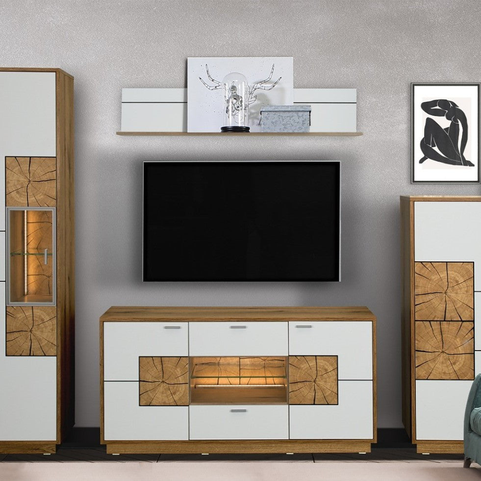 Comoda Tv Urbano White Cu 2 Usi, 2 Sertare Si 1 Nisa Alb Si Natur, 140 Cm