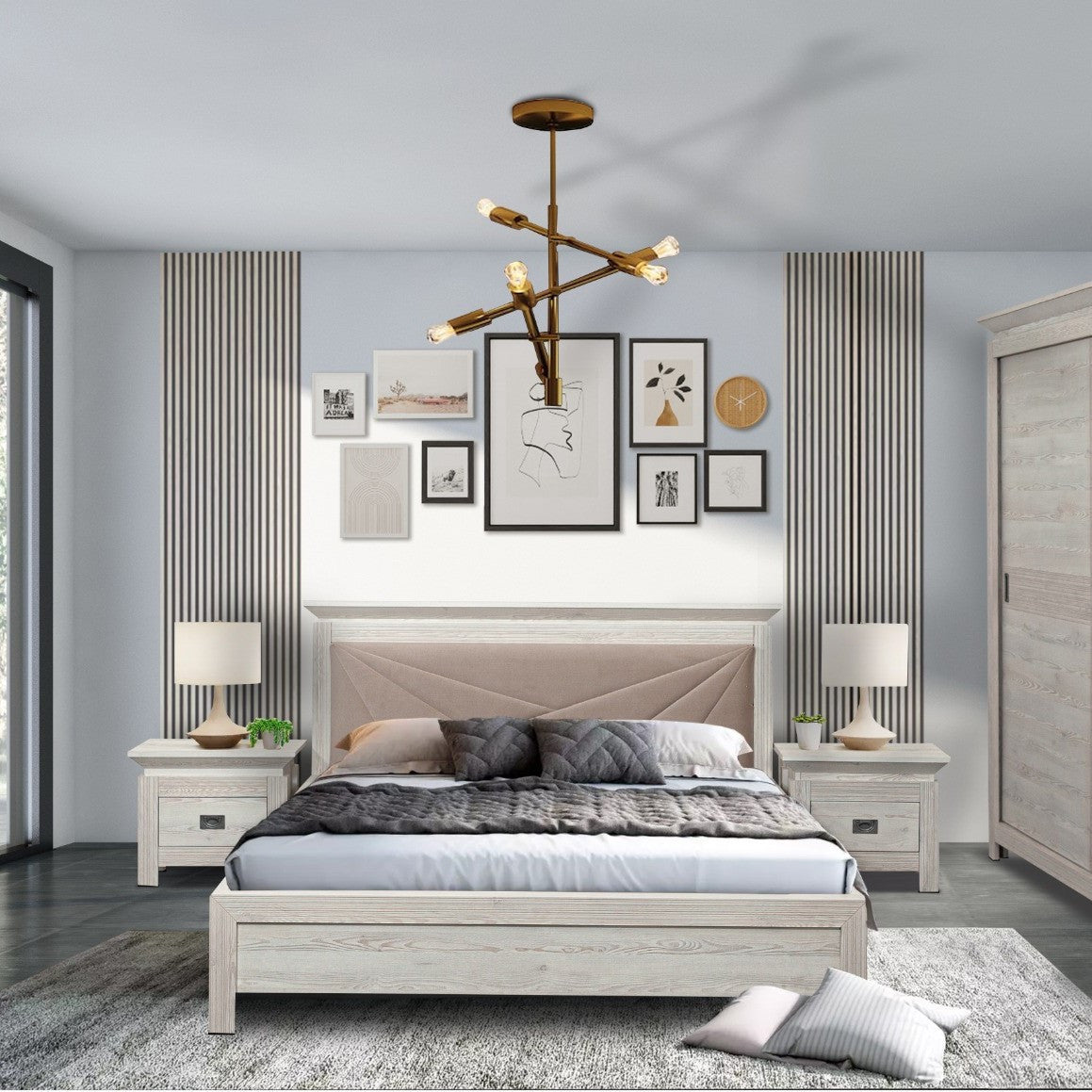 Pat Dormitor Casablanca Loft, Dimensiune Saltea 140 x 200 Cm, Cu Tablie Tapitata, Gri,
