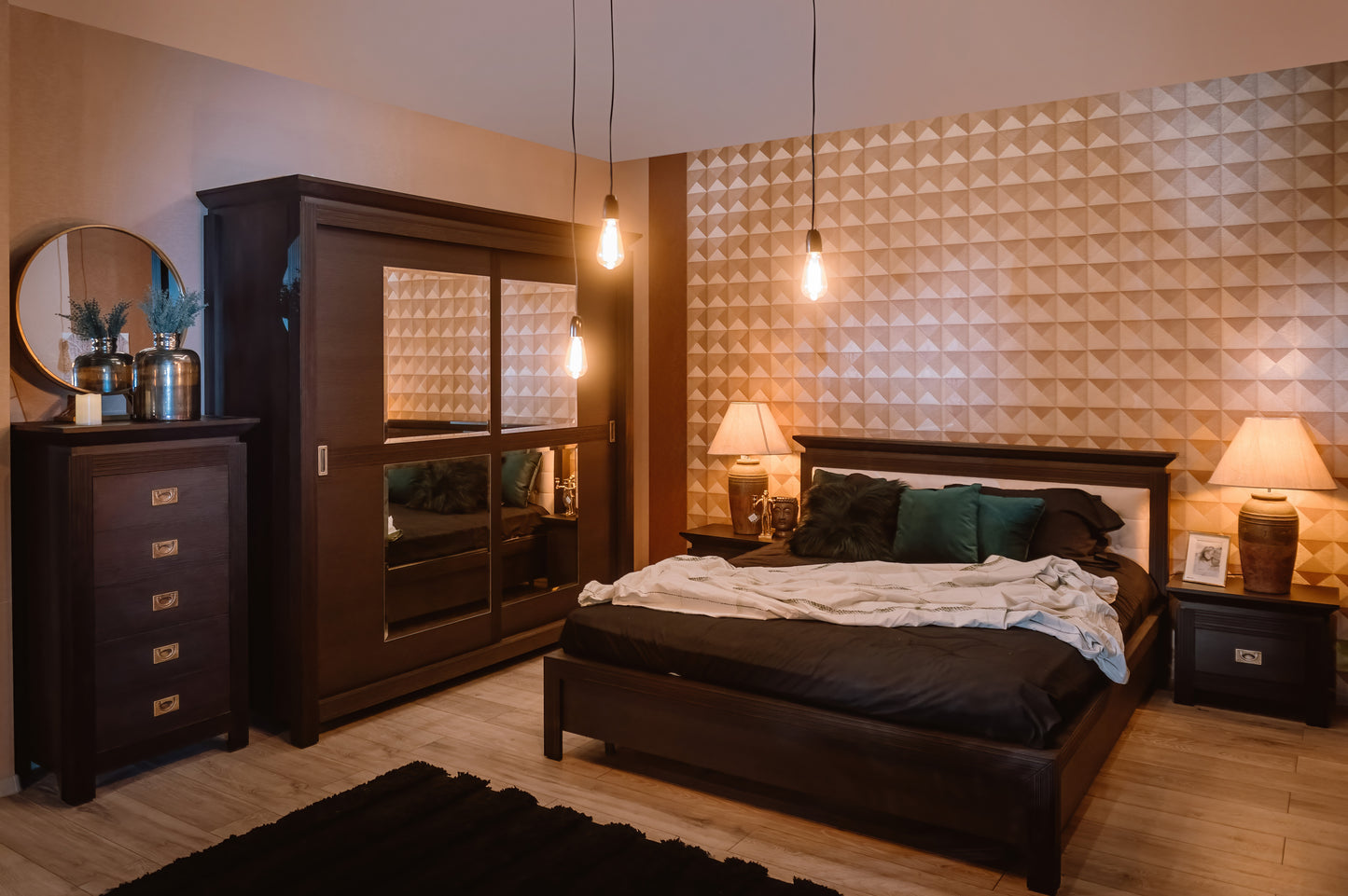 Set Dormitor Saigon Cantori, Pat Cu Dimensiune Saltea 160 X 200, Dulap De 210 Cm, 2 Noptiere